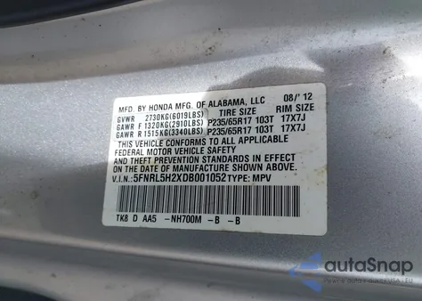 2013 Honda Odyssey Lx из США, поврежденный, VIN 5FNRL5H2XDB001052